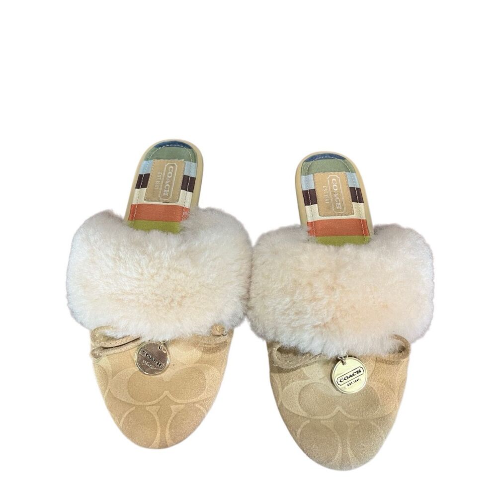 Coach Carra Sand Suede Signature C Embossed Sheep Fur Slippers Slides A0024 Size - Picture 3 of 9